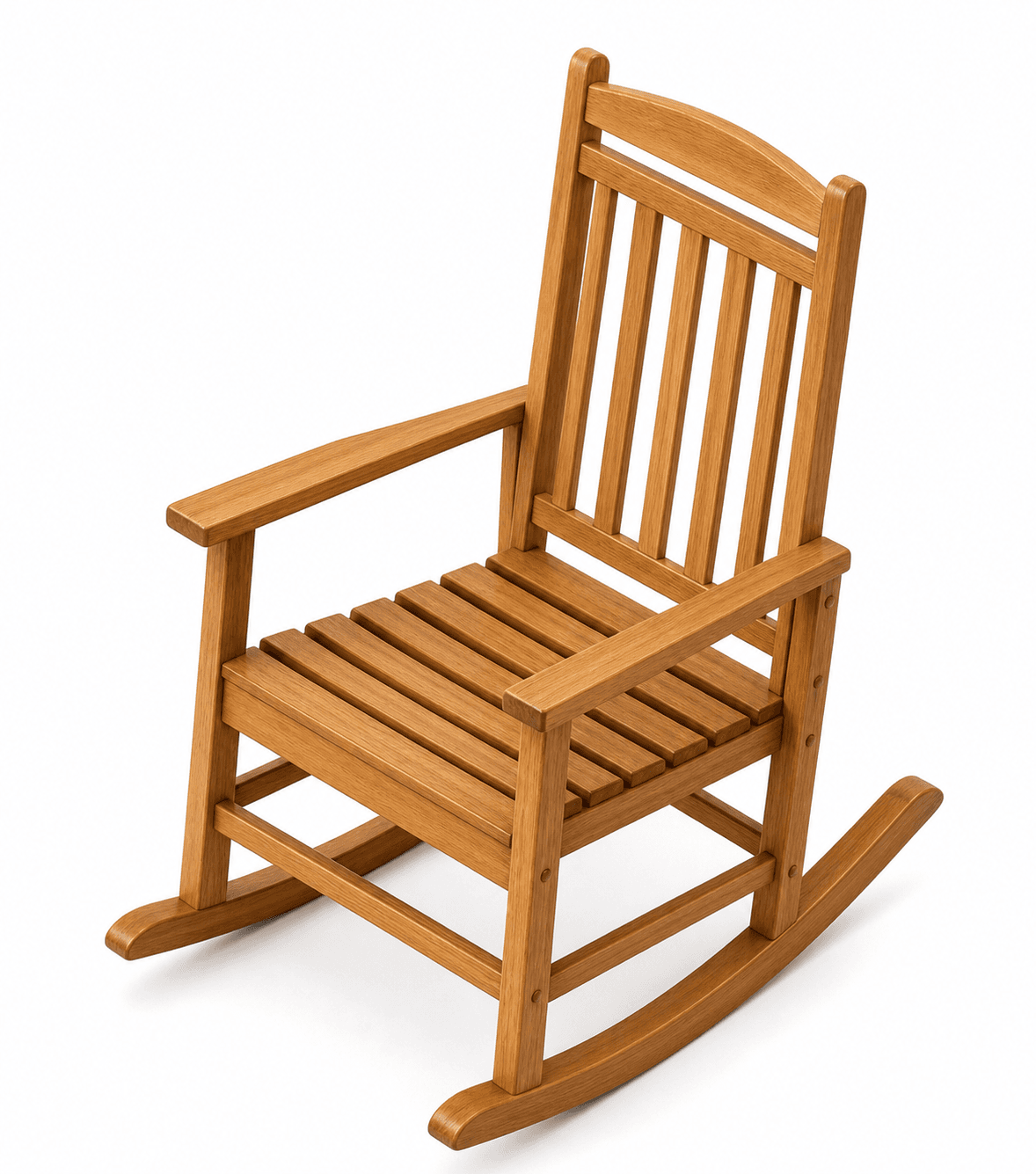 A traditional wooden rocking chair featuring a slatted seat and backrest, flat armrests, and two curved runners for a smooth rocking motion. The chair is constructed from light-toned wood with a natural finish, showcasing the wood grain. — 3D model