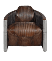 A vintage-style armchair with a curved back and sides. The seat and backrest feature vertical channel tufting. The armrests are cylindrical and made of metal, contrasting with the brown leather upholstery. Rivet details are visible on the metal components. — 3D model