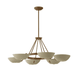 A contemporary chandelier featuring a brushed gold/brass finish and six opaque, cream-colored bowl-s… — 3D model
