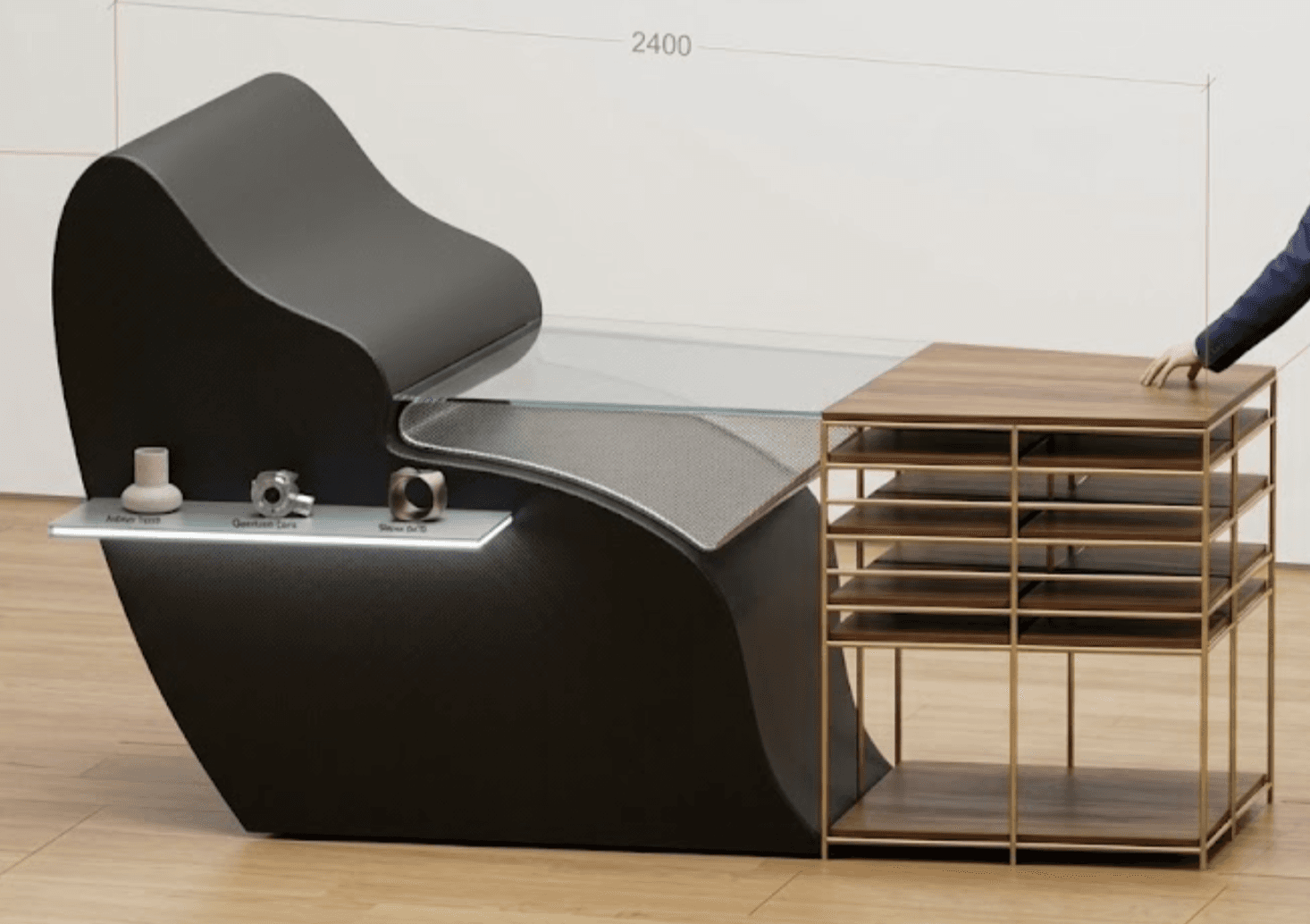A modern, sculptural retail display counter featuring a curvilinear black matte base, a clear glass display top with a perforated metal insert, and an integrated open shelving unit. The shelving unit consists of warm walnut-toned wooden shelves supported by slender brass-finished metal frames. A small, illuminated white display shelf is incorporated into the front of the black base, showcasing smaller objects. — 3D model