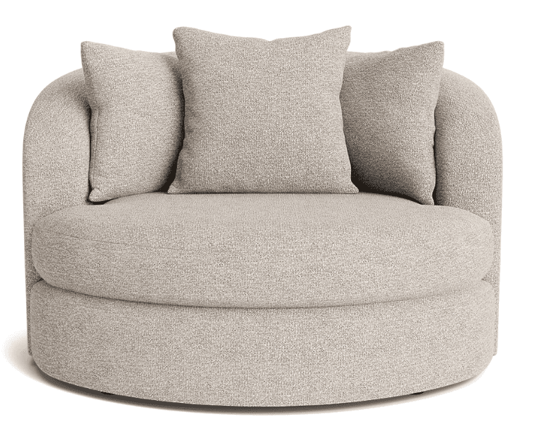 A contemporary upholstered swivel barrel chair in a light beige textured fabric, featuring a rounded… — free BLEND 3D model