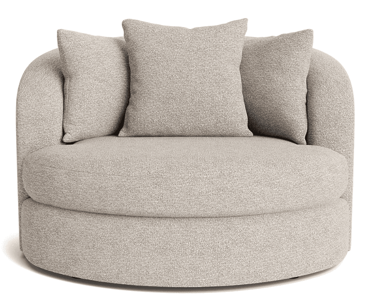 A contemporary upholstered swivel barrel chair in a light beige textured fabric, featuring a rounded, compact form with a low, curved back and integrated arms. The chair is designed for comfort and includes three matching throw pillows. — 3D model