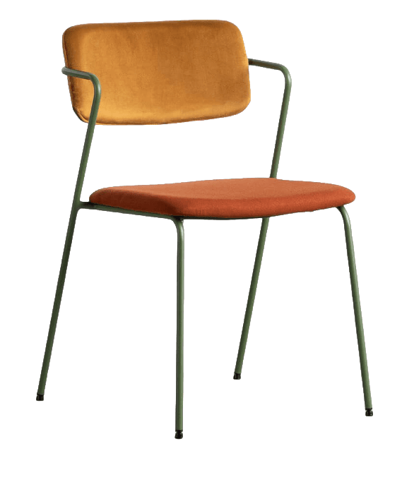 A modern chair with a thin, tubular metal frame in a matte green finish. The seat and backrest are upholstered in contrasting fabrics. The seat cushion is a textured orange, while the backrest is a smooth, golden-yellow velvet. — 3D model