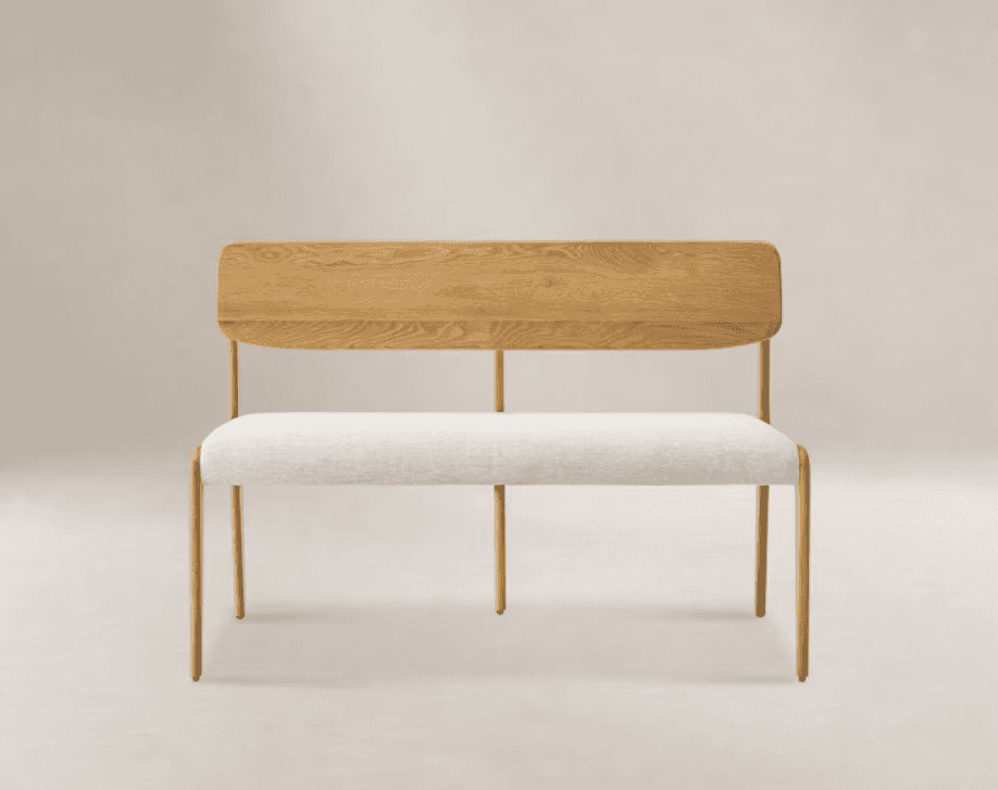 A modern and minimalist two-seater bench featuring a natural oak wood backrest and a light-colored f… — 3D model
