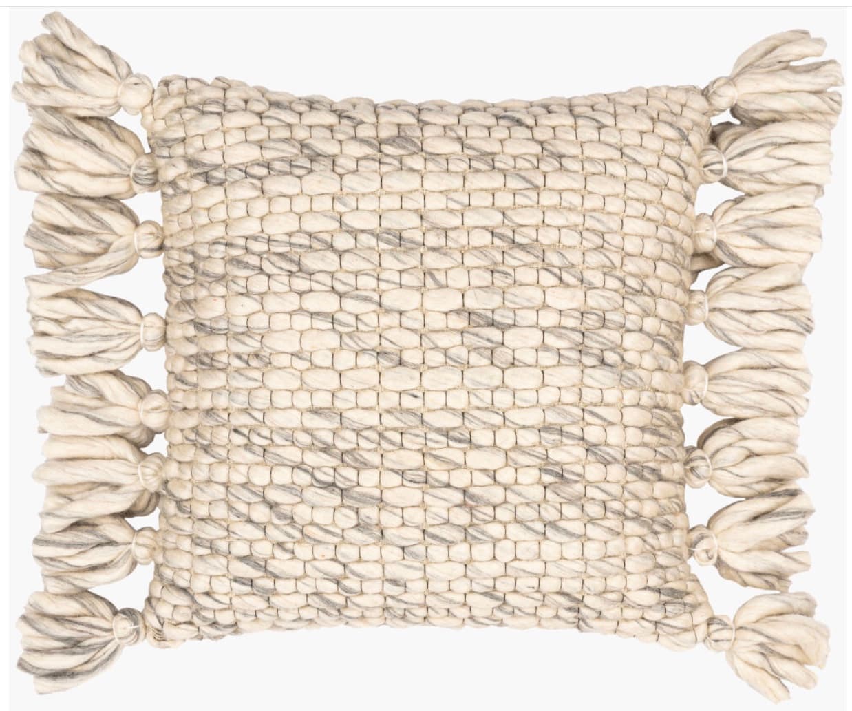 A square pillow with a textured weave and tassels along two adjacent sides. The pillow features a primary color of off-white with marbling of grey tones throughout the fabric weave. Decorative tassels, made of thick yarn, are attached at each corner along the sides and extend outwards. — 3D model