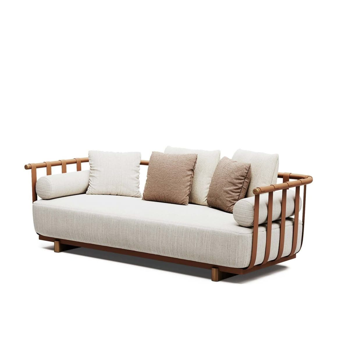 A contemporary three-seater sofa featuring a distinctive exposed wooden frame, a large upholstered seat cushion, and an assortment of back cushions and cylindrical bolster pillows. The backrest incorporates vertical wooden slats with horizontal leather straps. — 3D model