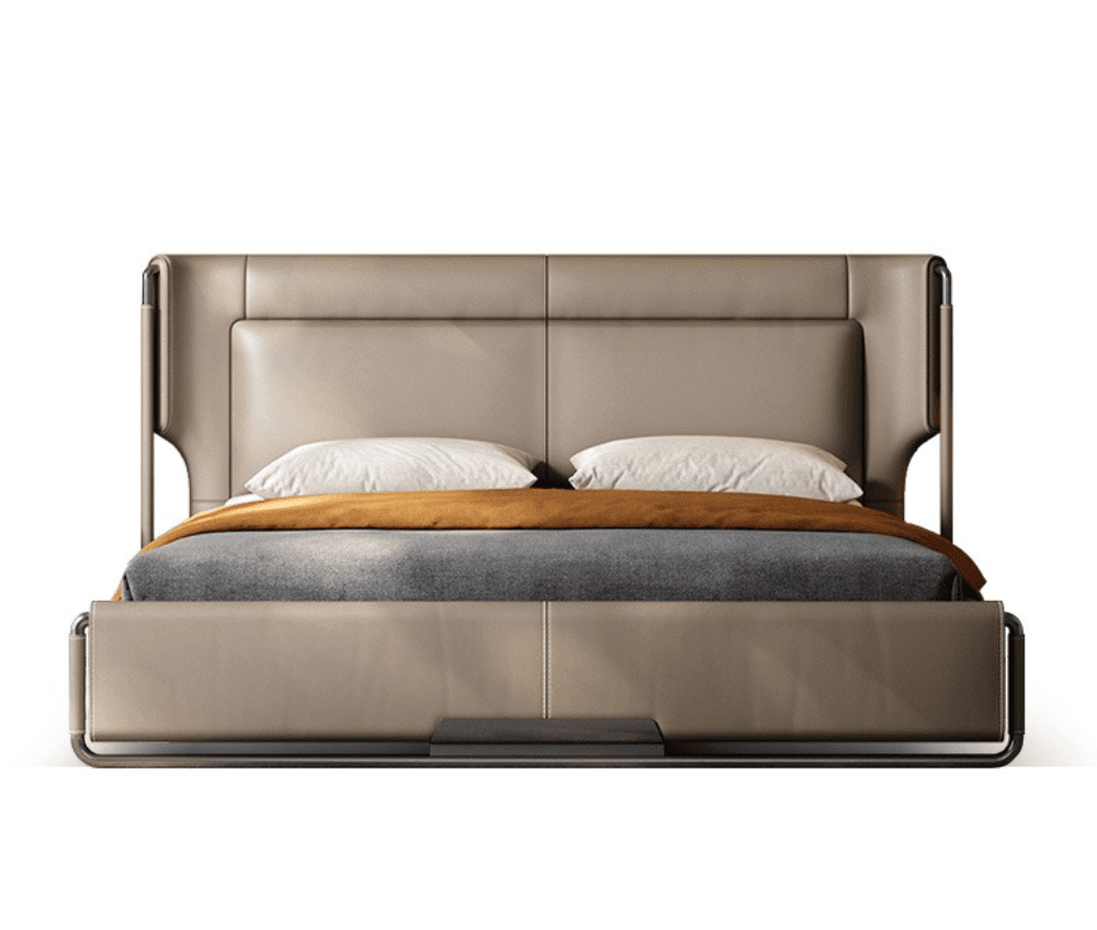 A modern upholstered bed frame with a high, padded headboard and side rails. The headboard features a horizontal seam dividing it into two panels. The frame is supported by a metallic base. The bed is dressed with two white pillows, an orange throw blanket, and a grey duvet. — 3D model