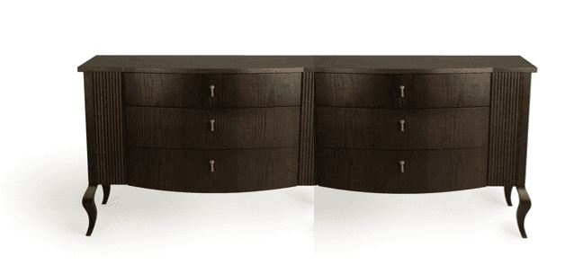 A dark wood dresser with a curved front and six drawers. The dresser features fluted side panels, a… — 3D model