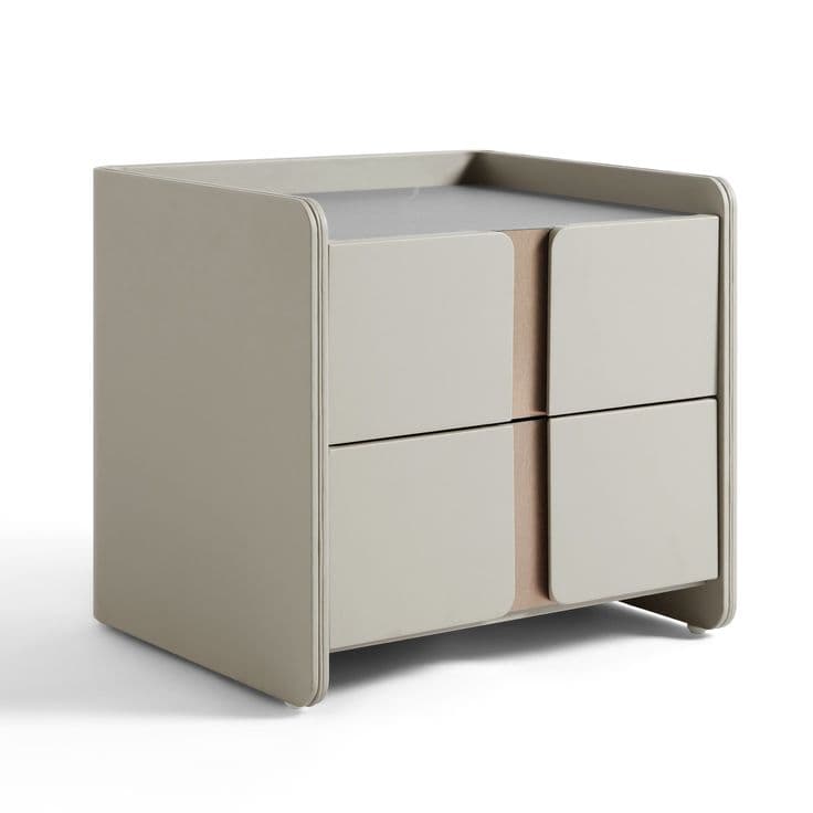 A modern nightstand with a rectangular form and rounded edges. It features two columns of drawers, with two drawers in each column, totaling four drawers. The front of the drawers has a rounded, soft appearance. A central vertical element with a wood grain texture divides the drawers. The top surface is flat with a slight lip. The overall color palette is neutral, with a matte finish on the main body and drawer fronts, and a contrasting wood tone in the center. — 3D model