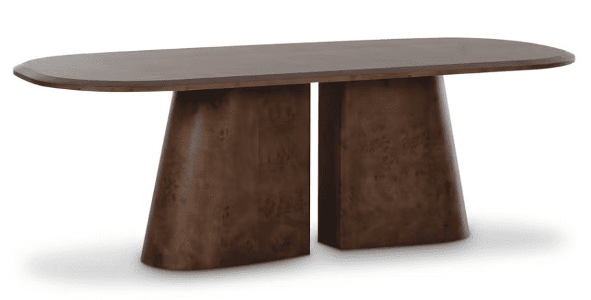 A modern console table featuring a dark brown racetrack-shaped tabletop supported by two sculptural,… — free BLEND 3D model