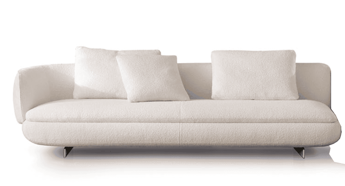A contemporary sofa upholstered in a creamy off-white boucle fabric, featuring a distinctive asymmet… — 3D model