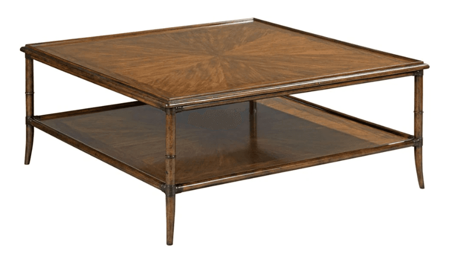 A square, two-tiered coffee table constructed from wood. The tabletop features a sunburst veneer pattern. The table has tapered legs and a lower shelf mirroring the veneer pattern of the top. The overall design suggests a classic or traditional style. — 3D model