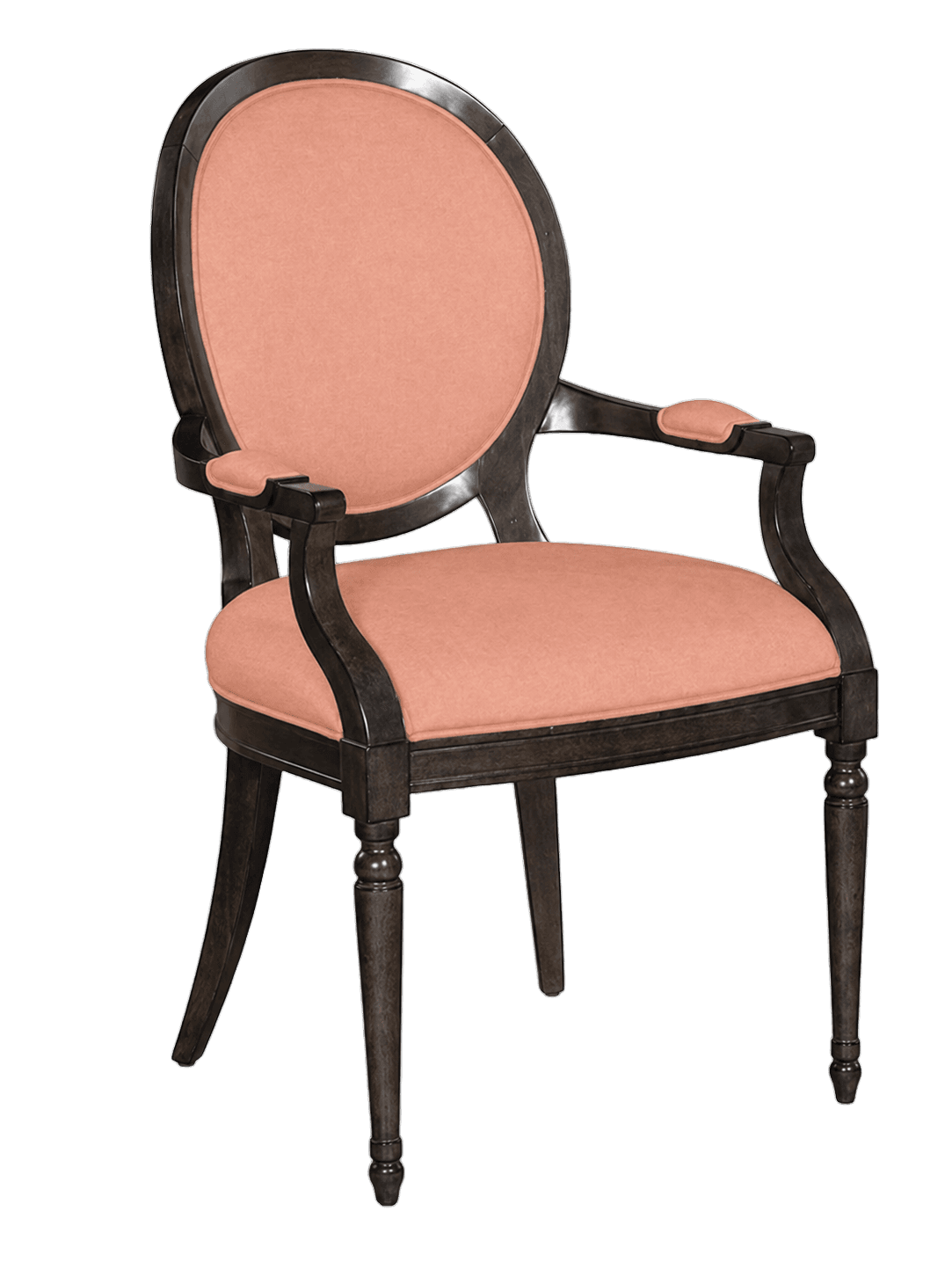 A dark wood armchair with a cushioned oval back and seat in a coral-colored fabric. The chair features carved legs and arms, with the frame exhibiting a traditional or classic style. — 3D model