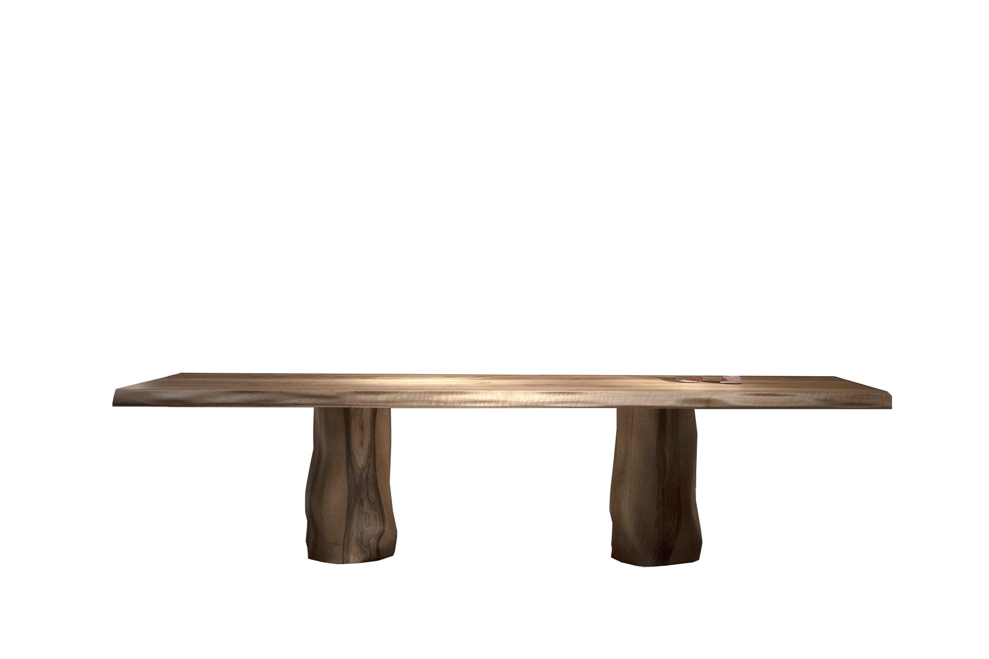 A long, rectangular wooden bench featuring a live-edge top and two thick, organically shaped wooden pedestal legs. The natural wood exhibits prominent grain patterns. — 3D model