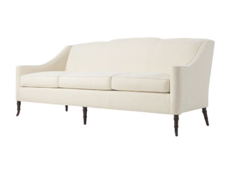 A cream-colored, upholstered three-seater sofa featuring a gently curved back and armrests that seamlessly flow into the back structure. It has three individual seat cushions and four dark, turned, tapered wooden legs. — 3D model