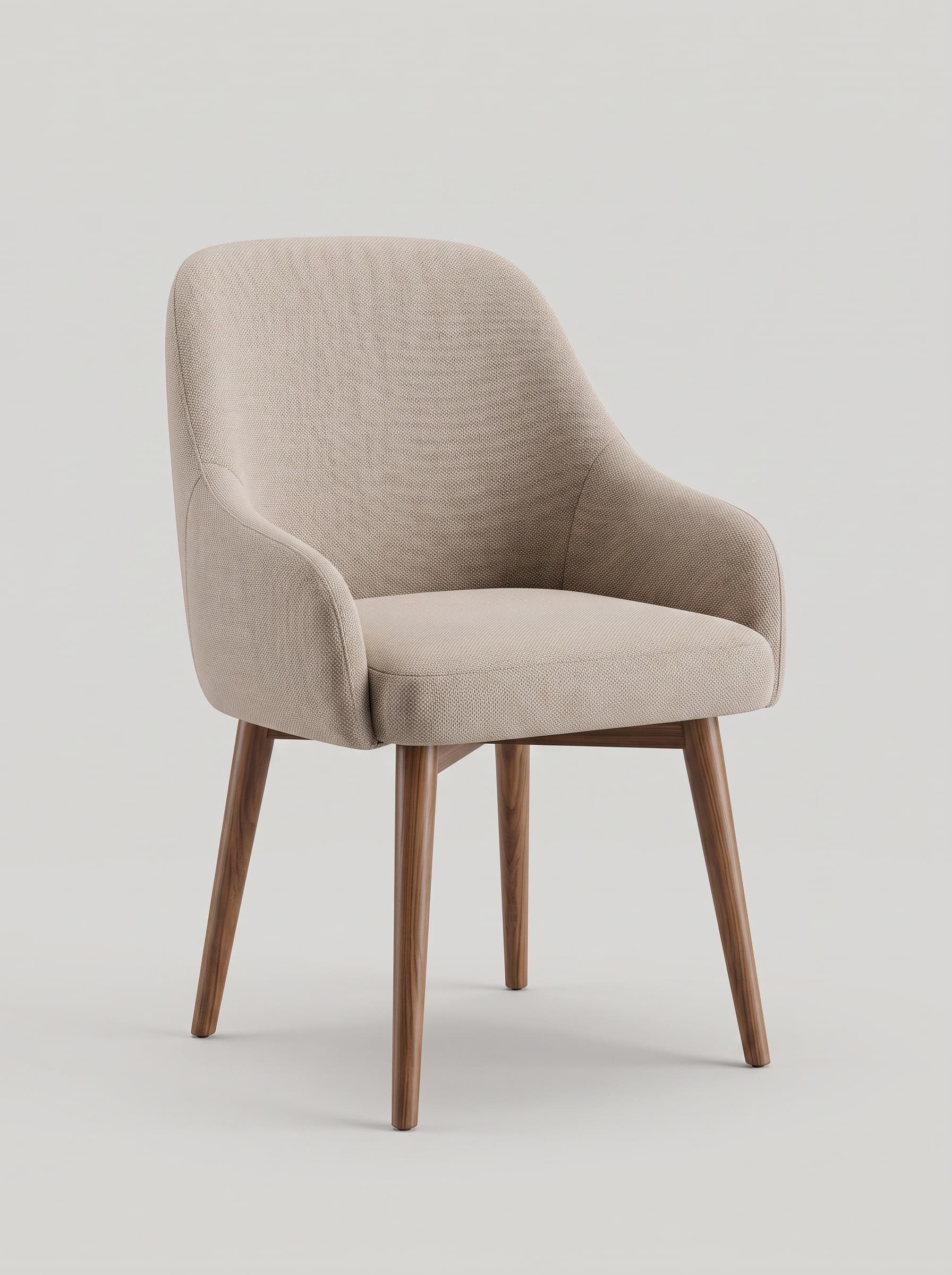 An elegantly designed upholstered armchair featuring a curved backrest and integrated armrests, all covered in a finely textured light beige fabric. The chair is supported by four slender, tapered legs crafted from dark-stained wood, suggesting a modern or contemporary aesthetic. — 3D model