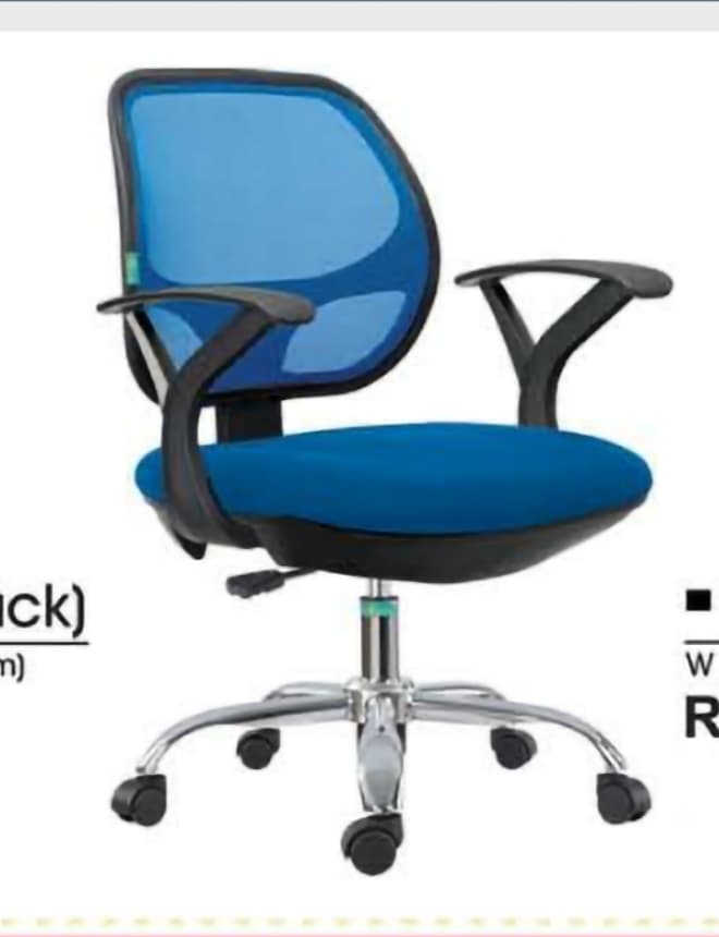 This is a modern ergonomic office chair featuring a vibrant blue mesh backrest and a padded blue fabric seat. It includes black adjustable armrests and a black plastic frame for the seat and back. The chair is supported by a five-star chrome metal base with black casters, allowing for mobility and swivel functionality. An adjustment lever is visible beneath the seat, indicating height adjustability. — 3D model
