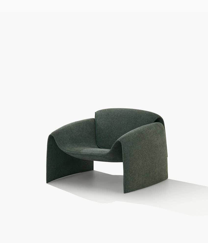 A modern, low-profile lounge chair featuring a continuous, curvilinear form, upholstered in a dark g… — free OBJ 3D model