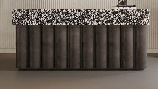 A long, rectangular bench featuring a speckled black and white terrazzo top and a base composed of n… — 3D model