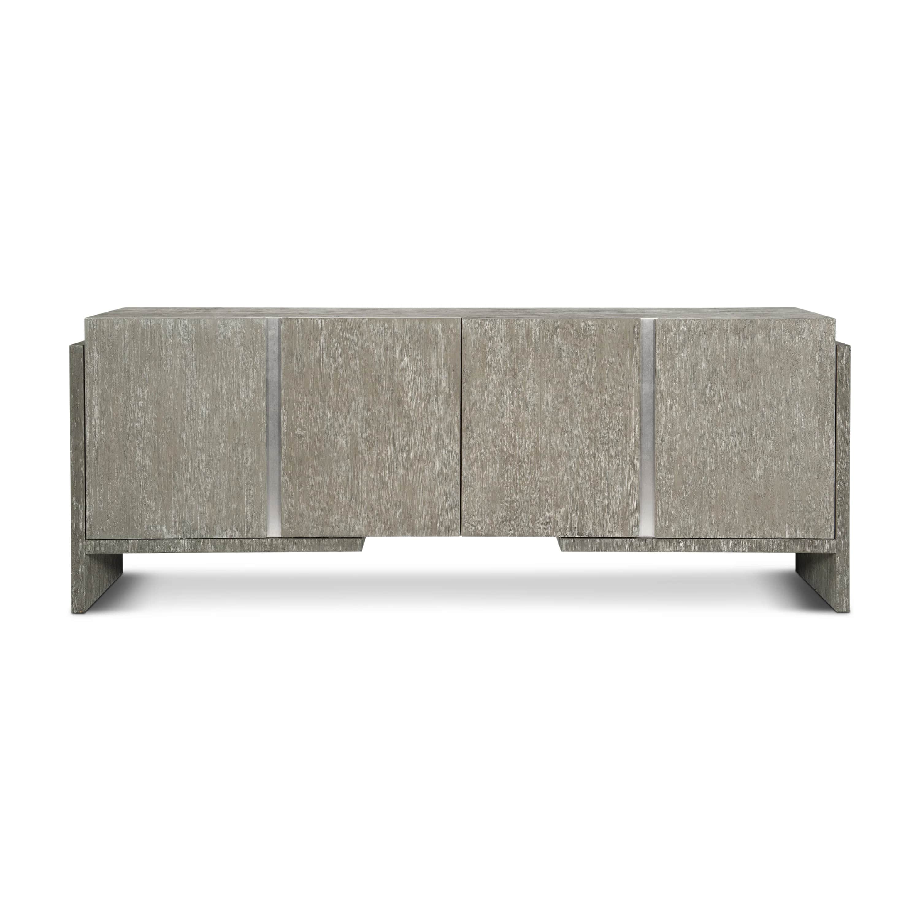 A credenza with a rectangular form, featuring a wood-grain textured surface and two vertical metalli… — free BLEND 3D model