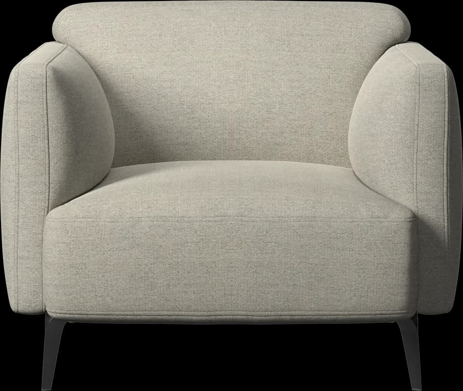 A contemporary upholstered armchair featuring a rounded backrest and arms that seamlessly blend into the overall form. The chair is covered in a light, neutral-toned, subtly textured fabric, likely a greige or light beige. It has a single, plump seat cushion and rests on four slim, dark-finished metal legs, giving it a minimalist and modern appearance. The design emphasizes comfort and clean lines. — 3D model