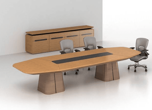 An elongated, boat-shaped conference table featuring a light wood finish and a contrasting dark grey or black central insert. The tabletop is supported by two sturdy, curved pedestal bases, creating a minimalist and professional aesthetic. — 3D model