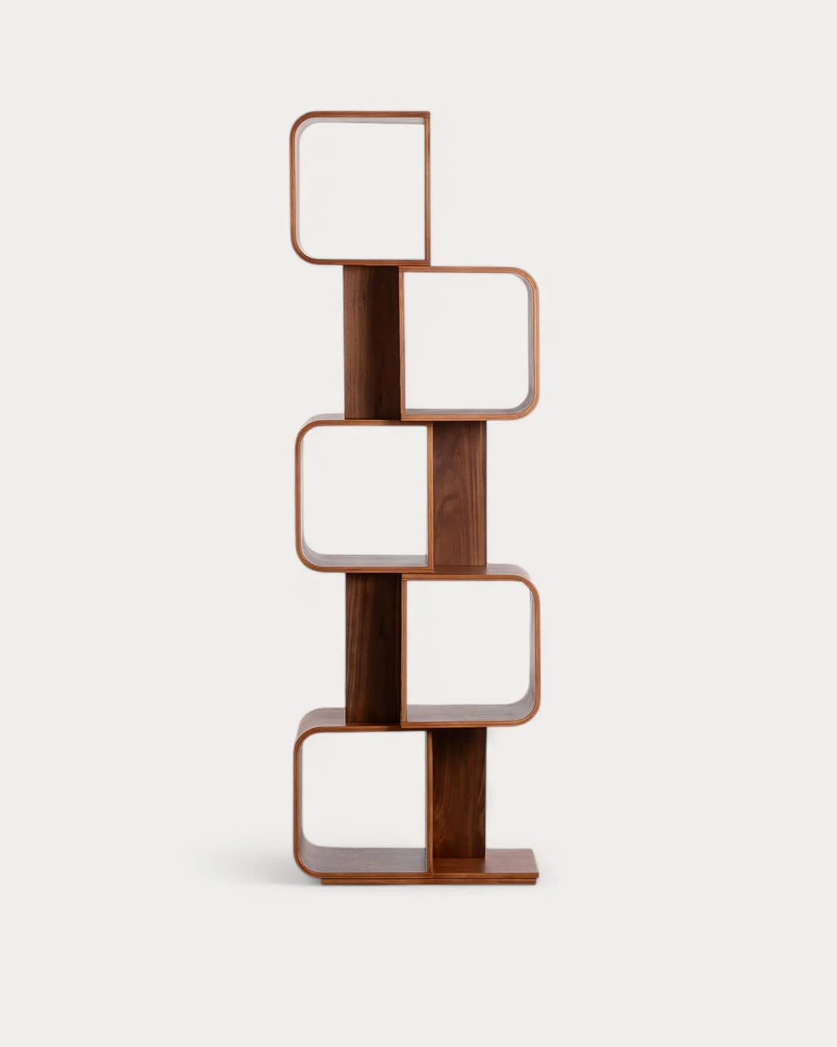 A tall, free-standing bookshelf with a unique, sculptural design. It features curved, open shelving units arranged in an alternating, offset pattern, supported by vertical wooden elements. The overall form is sinuous and modern. — 3D model