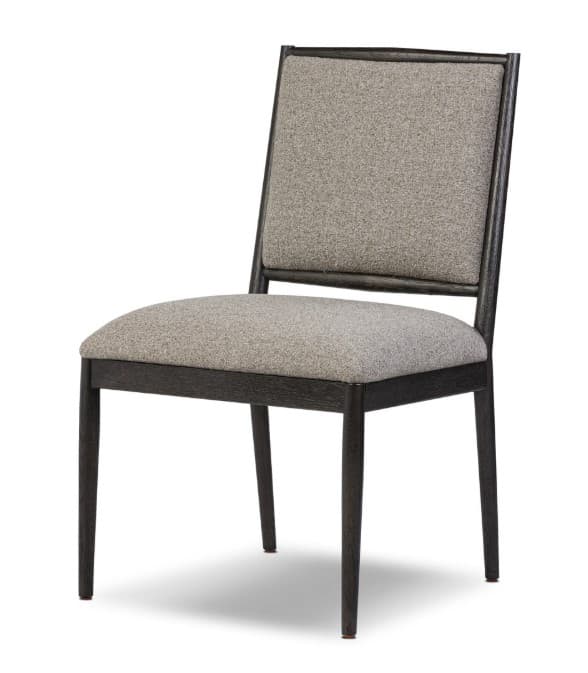 A modern side chair with a dark wood frame and upholstered seat and backrest. The frame has a clean, angular design with slightly tapered legs. The upholstery is a textured grey fabric. — 3D model