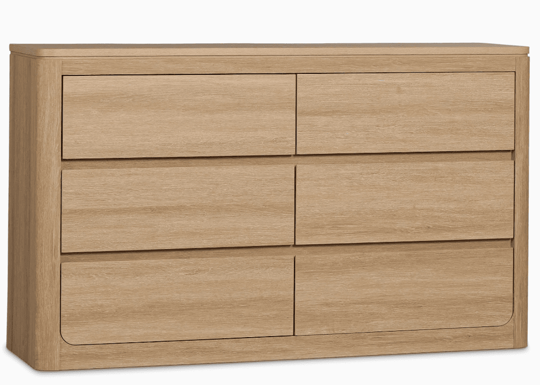 A dresser with six drawers arranged in two columns of three. The dresser has a light wood grain fini… — 3D model