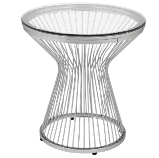 A contemporary end table featuring a hourglass-shaped base constructed from numerous slender, vertical metal rods. The base tapers inwards towards the middle and flares outwards at the top and bottom. A circular glass top is supported by the flared top of the base. The metal appears to be polished chrome or a similar metallic finish. — 3D model