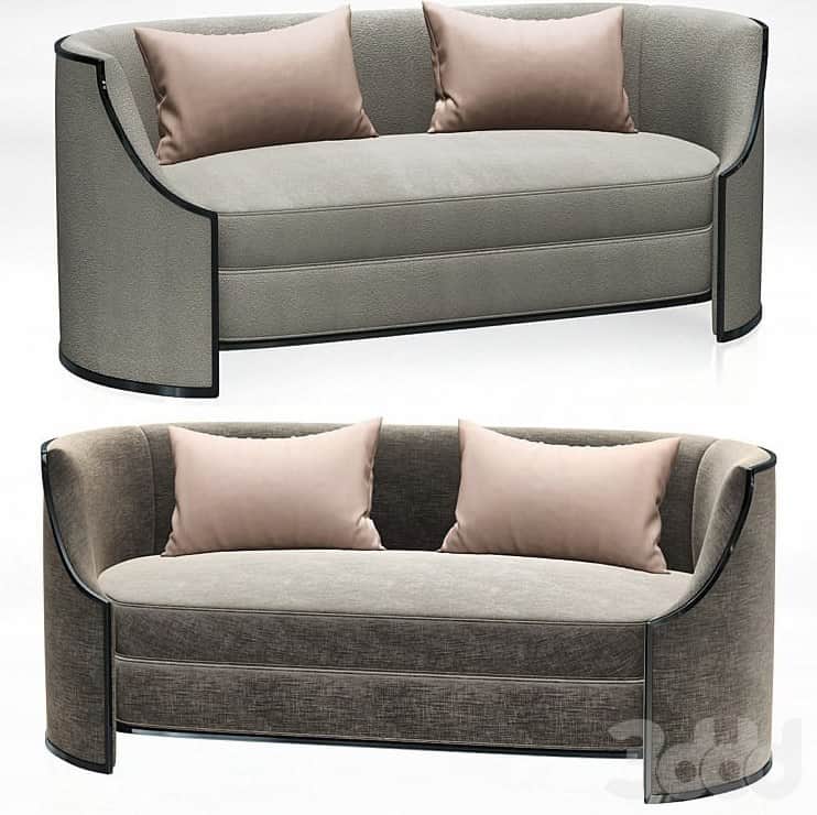 A modern two-seater sofa or loveseat upholstered in light gray textured fabric, featuring a distinct… — 3D model