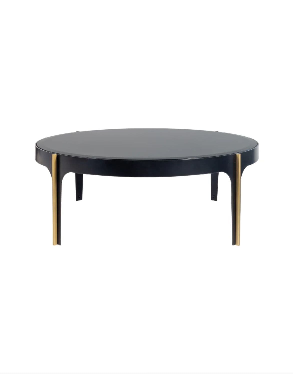 A round coffee table with a dark, possibly black, glass top and a dark base. The table has four legs that are black for most of their length, transitioning to a brass or gold-colored metal near the top. The legs have a curved, sculptural design. — 3D model