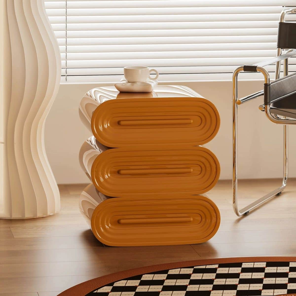 A set of three vertically stacked, modular side table units. Each unit features a distinctive curved… — 3D model
