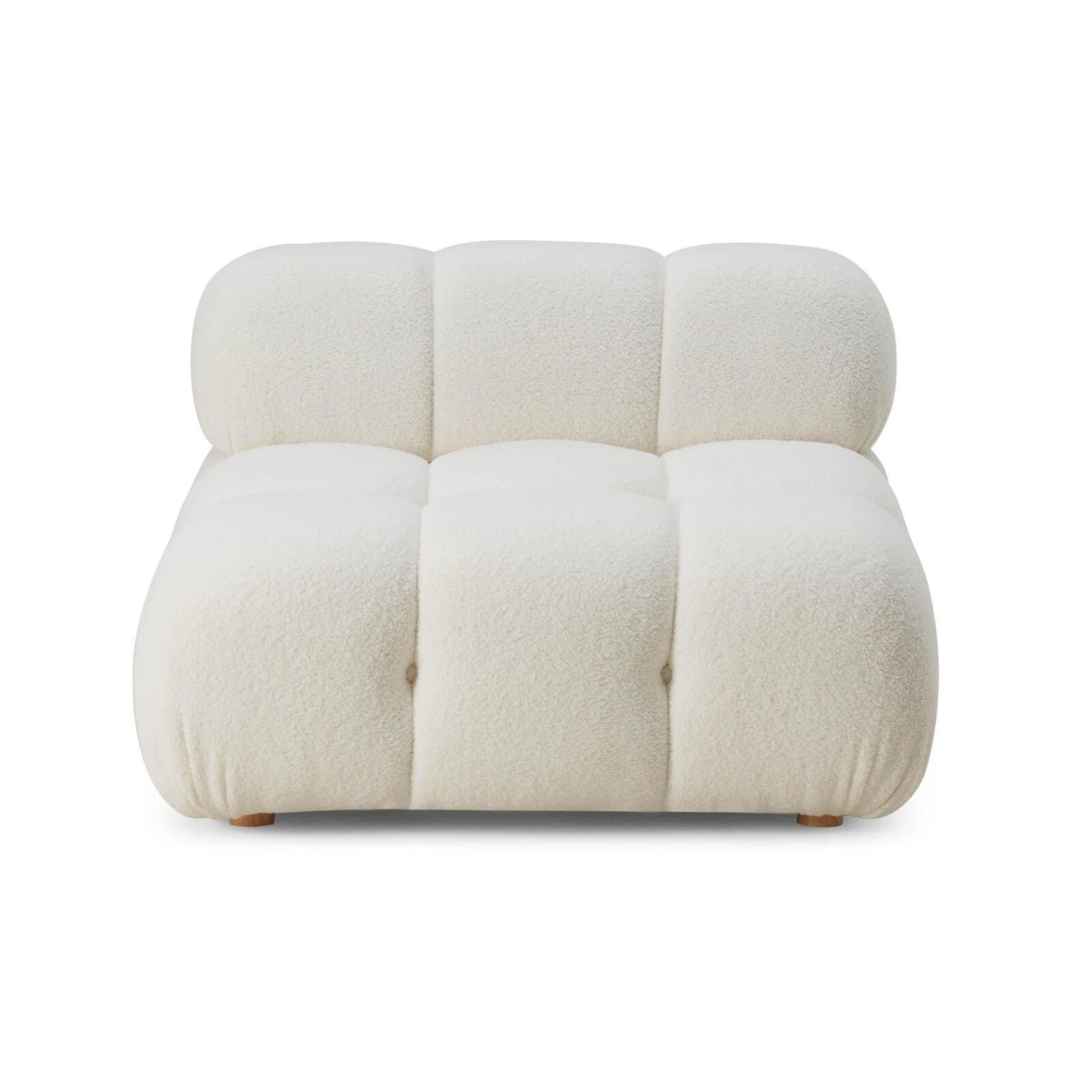 A single-seater, modular lounge chair characterized by its rounded, plush form and tufted upholstery. It is covered in a textured, off-white boucle fabric and features a low profile with small, visible wooden feet. — 3D model