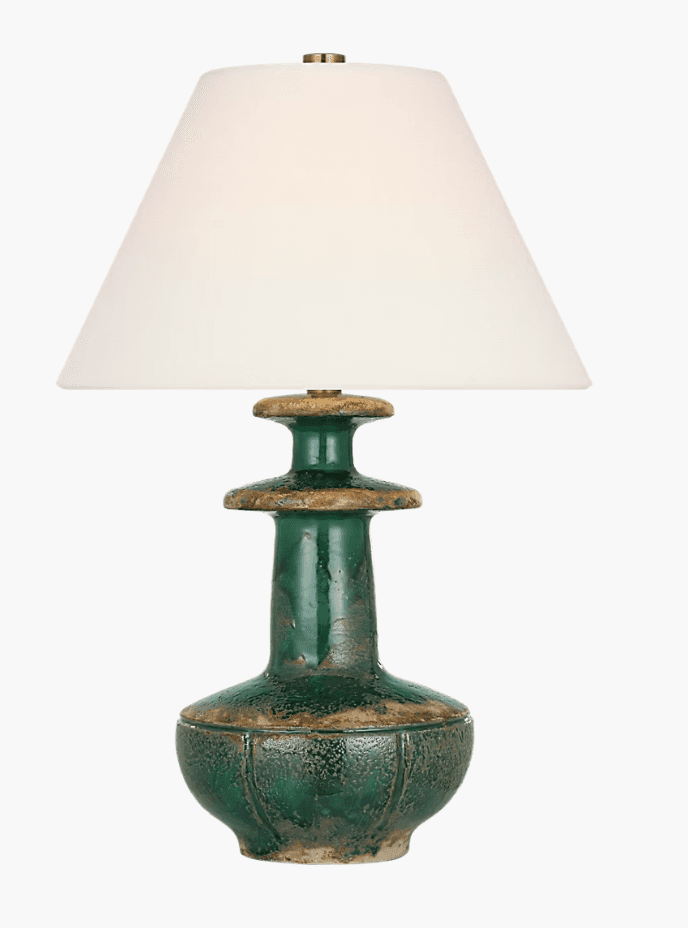 A rustic table lamp featuring a green glazed ceramic base with distressed, earthy-toned accents and… — 3D model