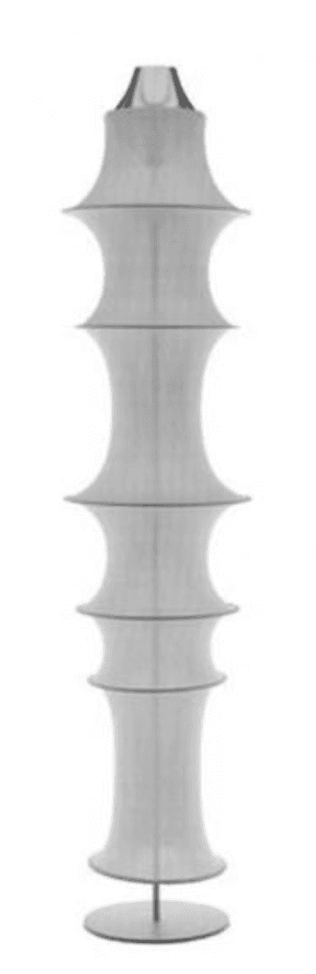 A tall, slender modern floor lamp featuring a series of stacked, hourglass-shaped diffusers in a tra… — 3D model