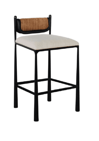 A modern bar stool with a metal frame, a padded seat, and a woven rattan backrest. The frame is constructed from matte black metal, featuring four straight legs connected by a lower stretcher bar. The seat is upholstered in a textured cream fabric. The backrest has a curved silhouette and incorporates a section of natural woven rattan framed by black material, likely metal or leather. — 3D model