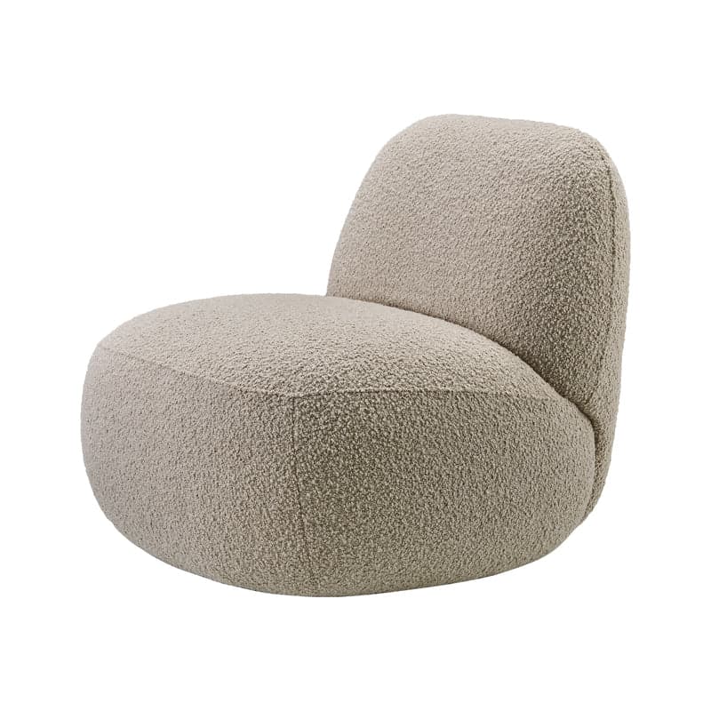 A contemporary armless lounge chair featuring a low-profile design with rounded, organic forms. It is fully upholstered in a light beige, textured boucle fabric, with the seat and backrest seamlessly integrated. — 3D model