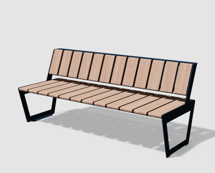 A modern outdoor bench featuring light-toned wooden slats for the seat and backrest, supported by a dark-colored metal frame with angular, open-loop legs. The design is minimalist and robust, suitable for public spaces. — 3D model