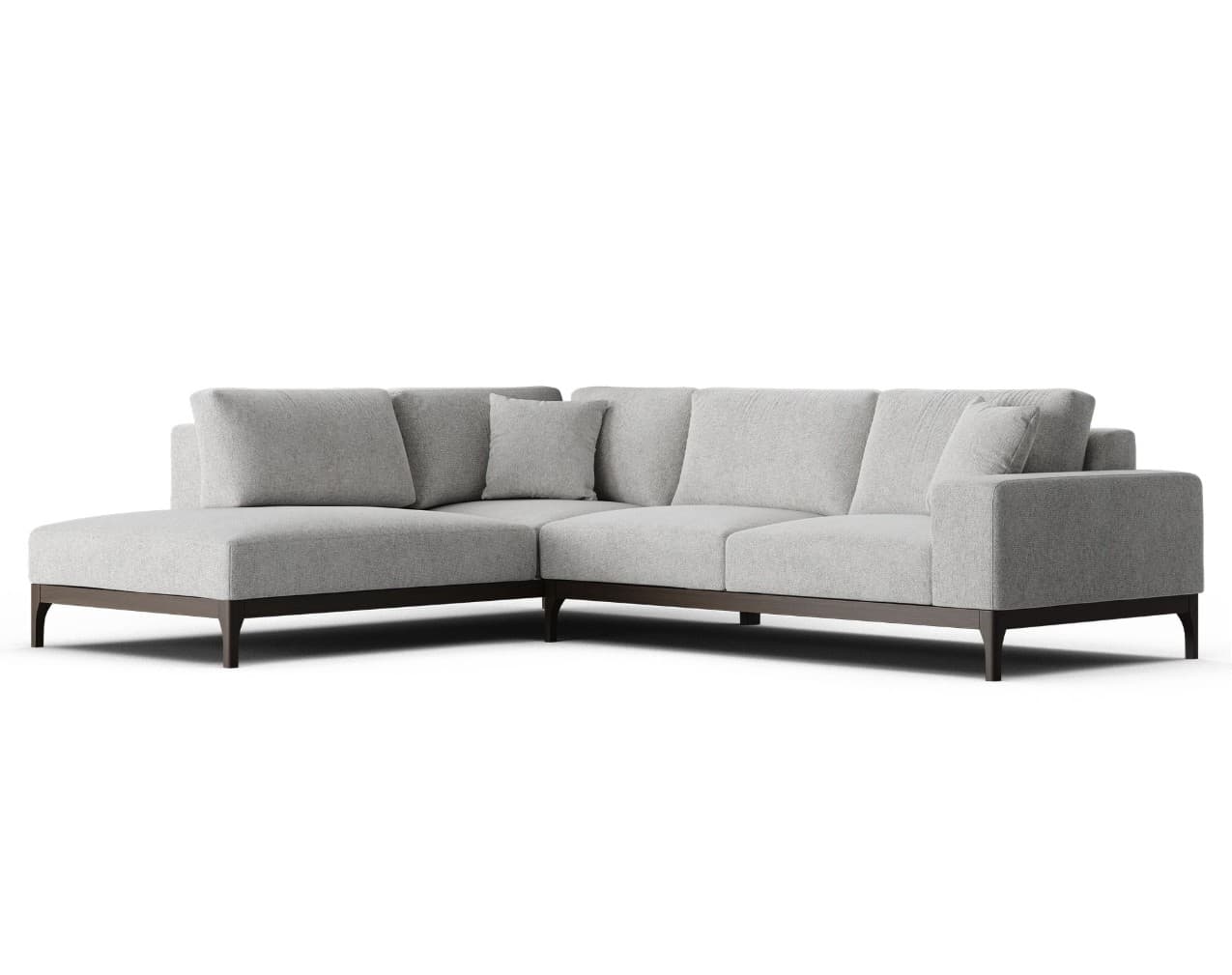 An L-shaped sectional sofa with a left-hand facing chaise, upholstered in light grey fabric, featuring loose back cushions and an exposed dark wood base with slender tapered legs. — 3D model