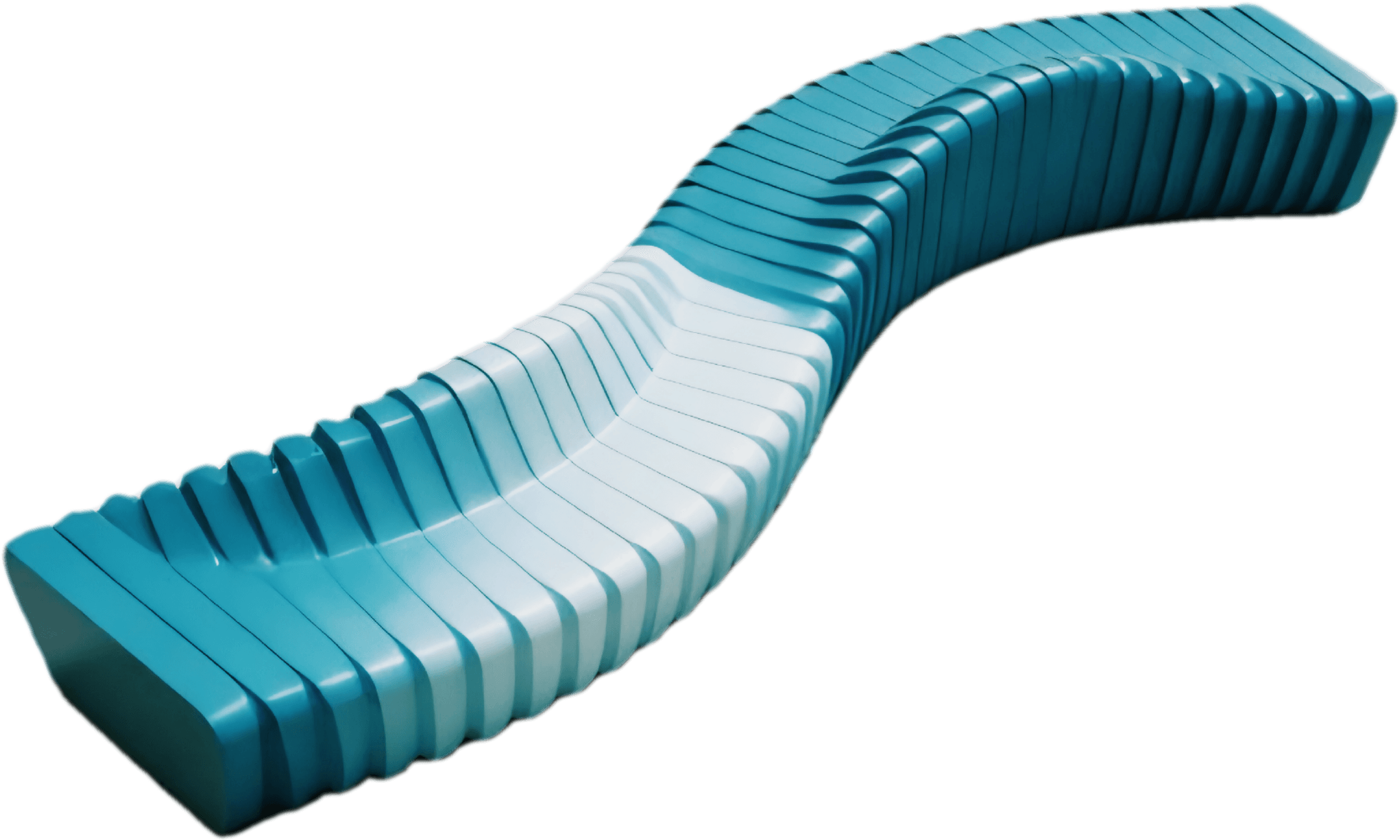 A contemporary S-shaped bench constructed from multiple stacked, horizontal layers, featuring a smooth, glossy finish with a gradient color transition from teal to light blue. — 3D model