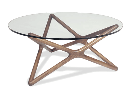 A modern round coffee table featuring a clear glass tabletop supported by a distinctive, sculptural wood base. The base is composed of several smoothly carved, interconnected wooden elements, forming an open, organic structure that provides stability and visual interest. — 3D model