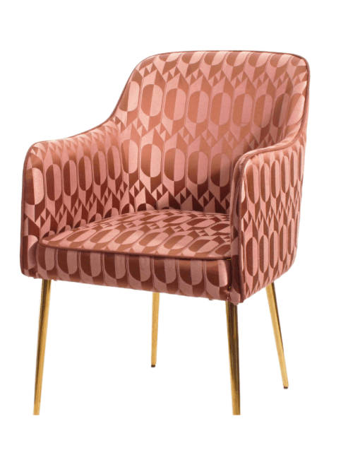 A upholstered armchair with a distinctive geometric pattern. The chair features a high back that curves into armrests, a seat cushion, and four slender, tapered legs. The legs are finished in a metallic gold tone. — 3D model
