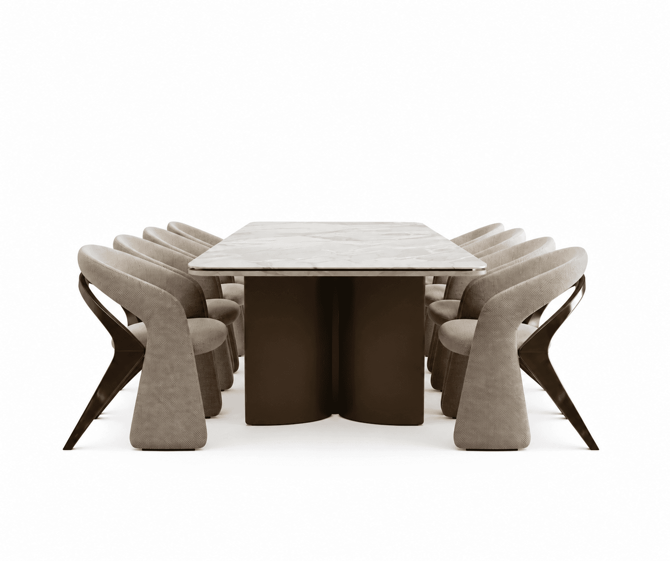 A contemporary rectangular dining table featuring a white marble top with subtle grey veining and two sculptural, dark brown pedestal bases. The table top has softly rounded corners, and the bases are curved and appear substantial. — 3D model