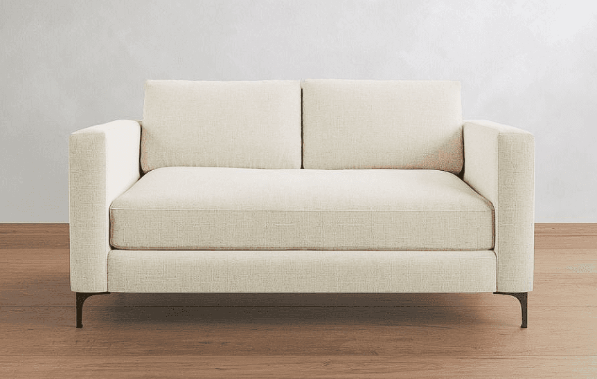 A modern two-seater loveseat featuring a cream or off-white textured fabric upholstery. It has strai… — 3D model