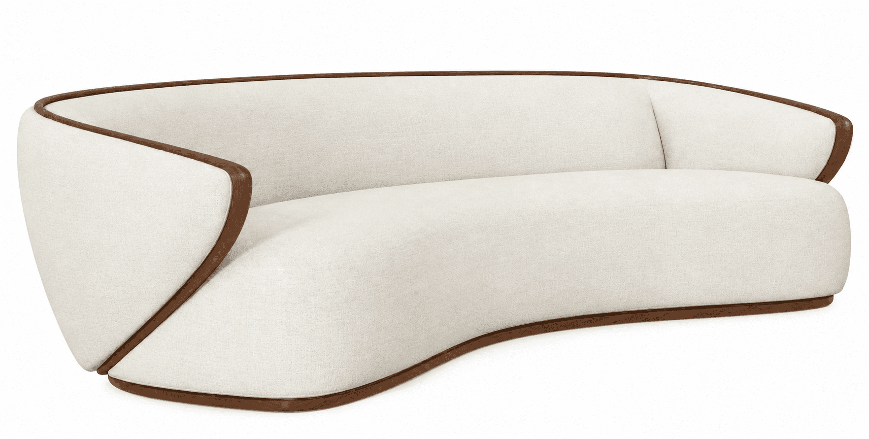 A contemporary curved sofa featuring a light-colored, textured fabric upholstery and a prominent, sm… — 3D model