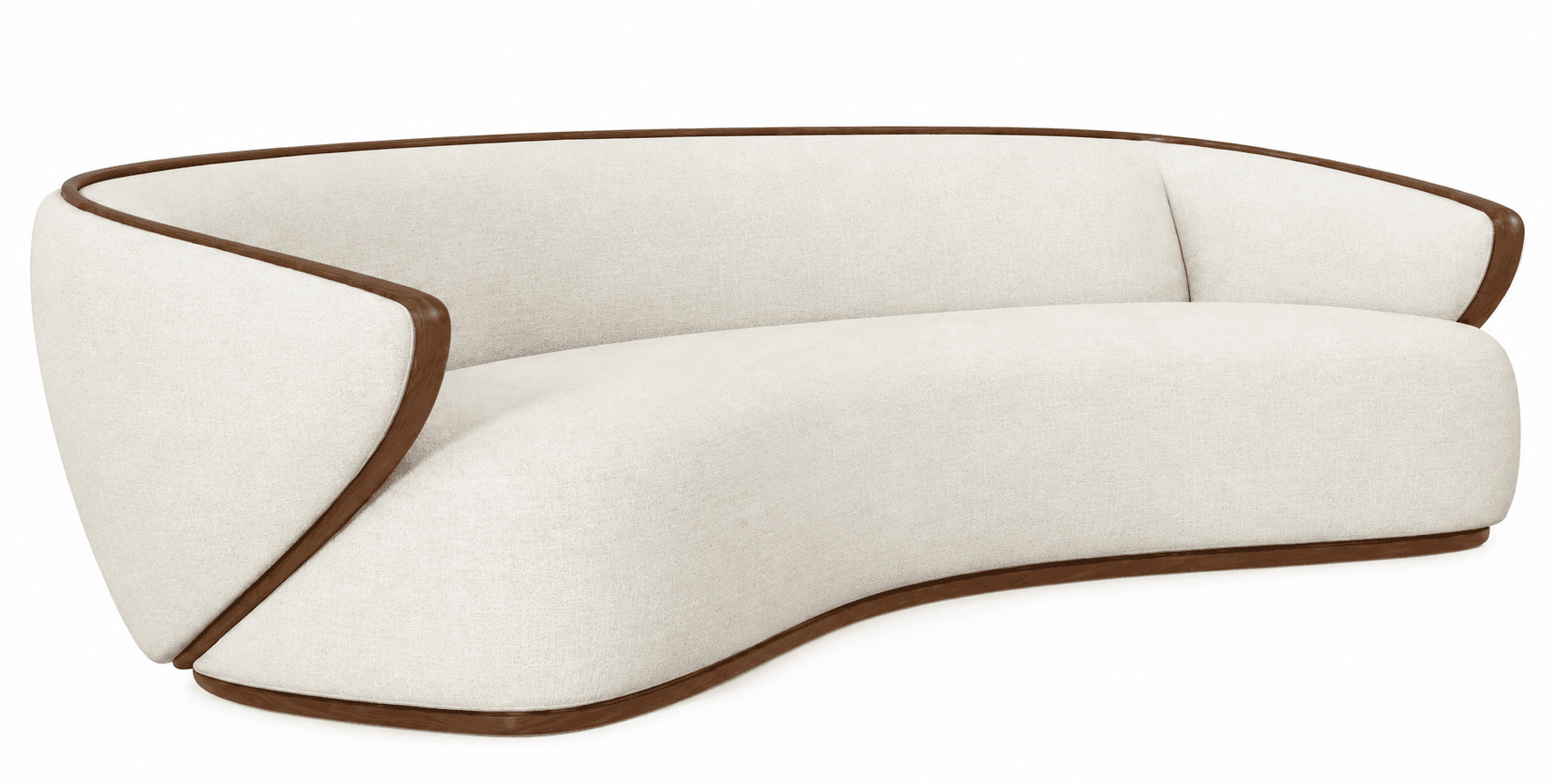 A contemporary curved sofa featuring a light-colored, textured fabric upholstery and a prominent, smoothly carved dark wood trim outlining its entire perimeter. The sofa has a continuous, gently arcing silhouette that forms both the backrest and the seat, emphasizing clean lines and a sculptural form. The exposed wooden frame provides both structural support and a significant design element. — 3D model