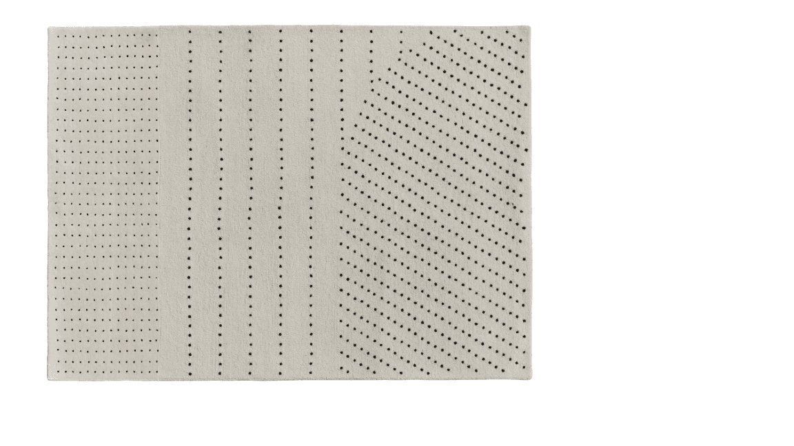 A flat woven rug with a cream-colored background and a pattern of scattered black dots. The pattern is divided into three distinct sections. The leftmost section features a dense grid of dots. The middle section has vertical rows of dots. The rightmost section displays diagonal rows of dots. The overall appearance is minimalist and geometric. — 3D model