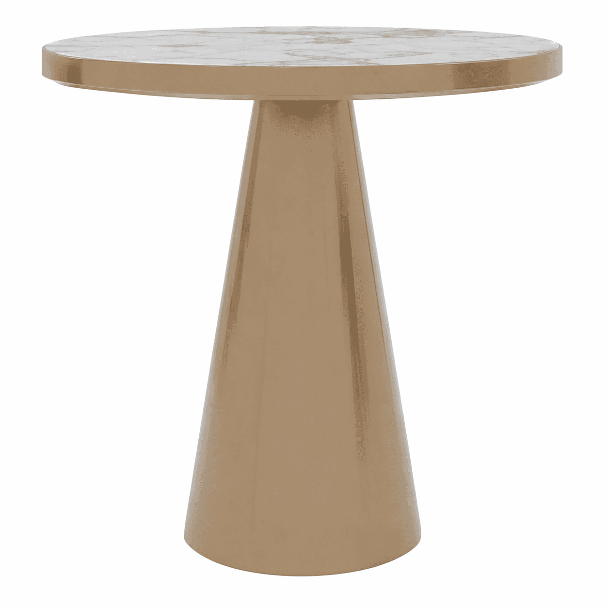 A modern accent table featuring a round white marble top and a tapered pedestal base with a metallic gold finish. Designed for compact spaces and decorative purposes. — 3D model