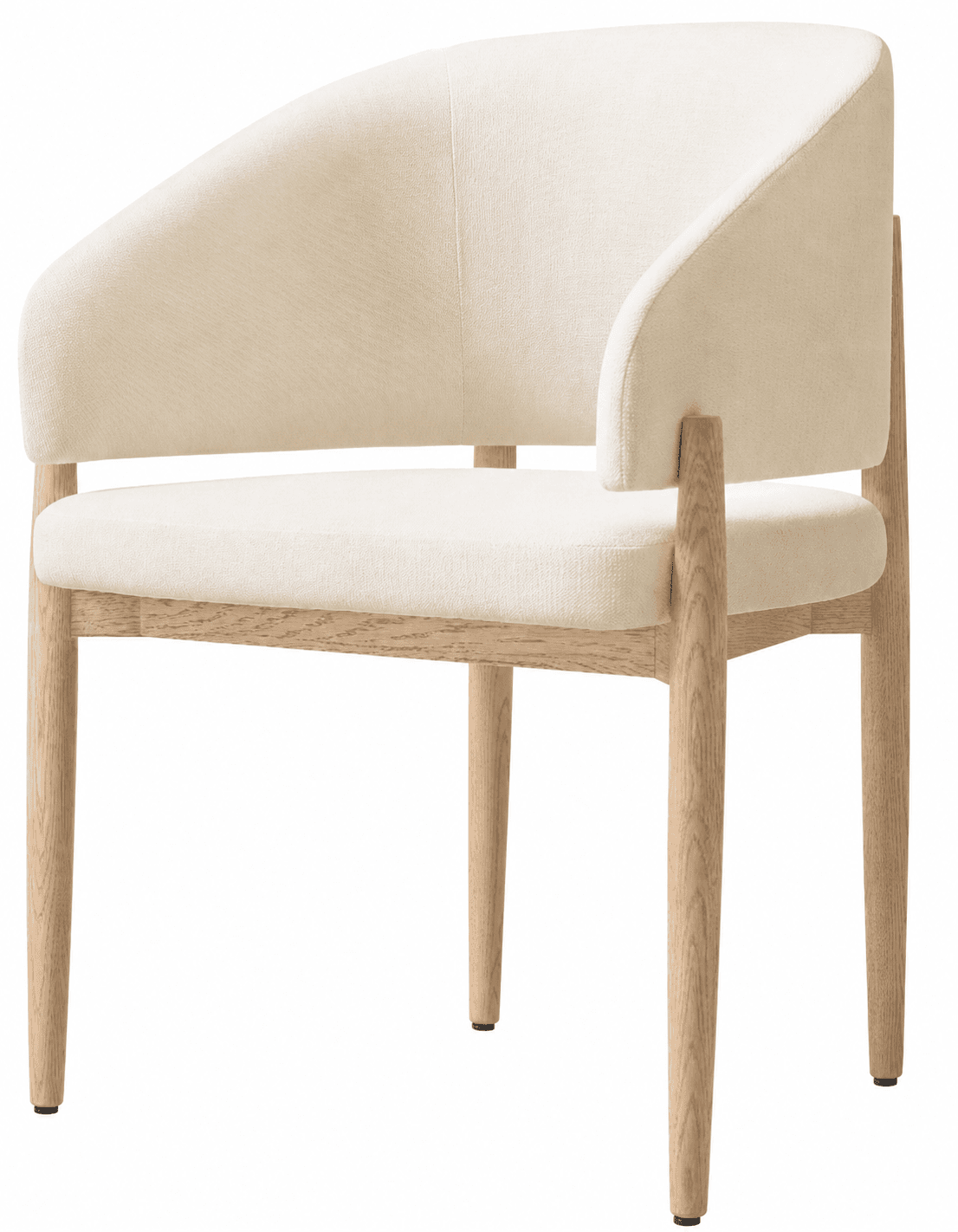 A modern dining armchair featuring a continuous rounded upholstered backrest and integrated arms, set upon a solid wood frame with tapered legs. The upholstery is a light, neutral-toned fabric. — 3D model